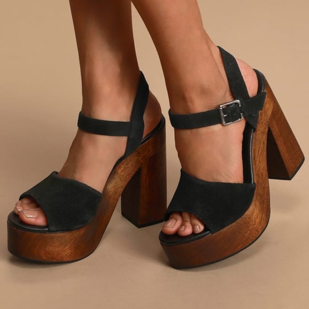 Lulu’s - Lolita Leather Black Suede Wooden Platform Heels